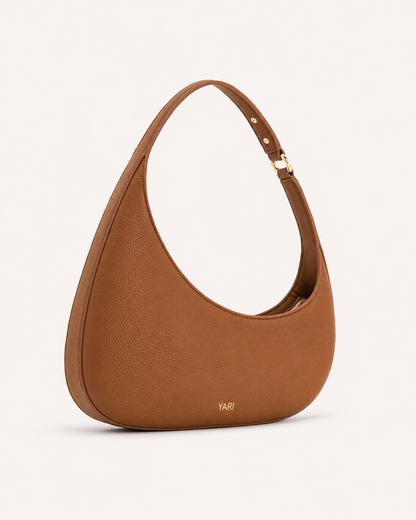 YARI Tan Leather Crescent Shoulder Bag