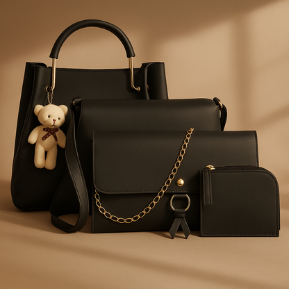 Classic Black Women’s Handbag Combo Set – 4 Pieces (Trendy Shoulder Bag, Sling Bag, Wallet & Mini Pouch with Teddy Keychain)