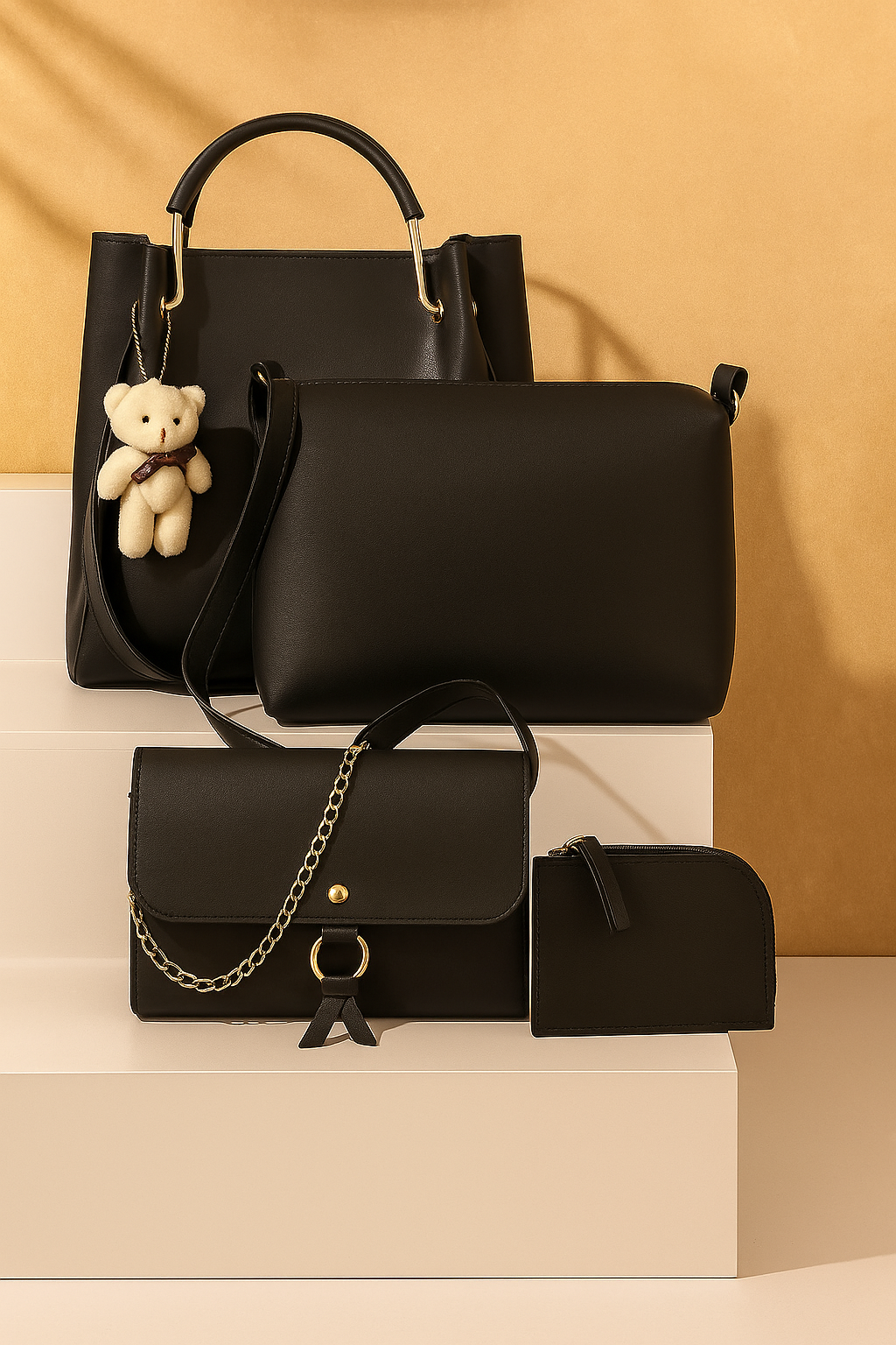 Classic Black Women’s Handbag Combo Set – 4 Pieces (Trendy Shoulder Bag, Sling Bag, Wallet & Mini Pouch with Teddy Keychain)