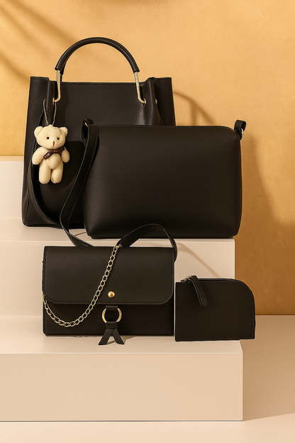 Classic Black Women’s Handbag Combo Set – 4 Pieces (Trendy Shoulder Bag, Sling Bag, Wallet & Mini Pouch with Teddy Keychain)