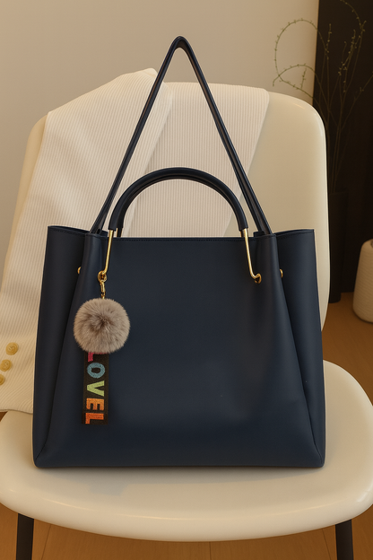 Classic Navy Blue Hobo Handbag with Pom-Pom & LOVE Keychain – Premium Shoulder & Office Bag for Women
