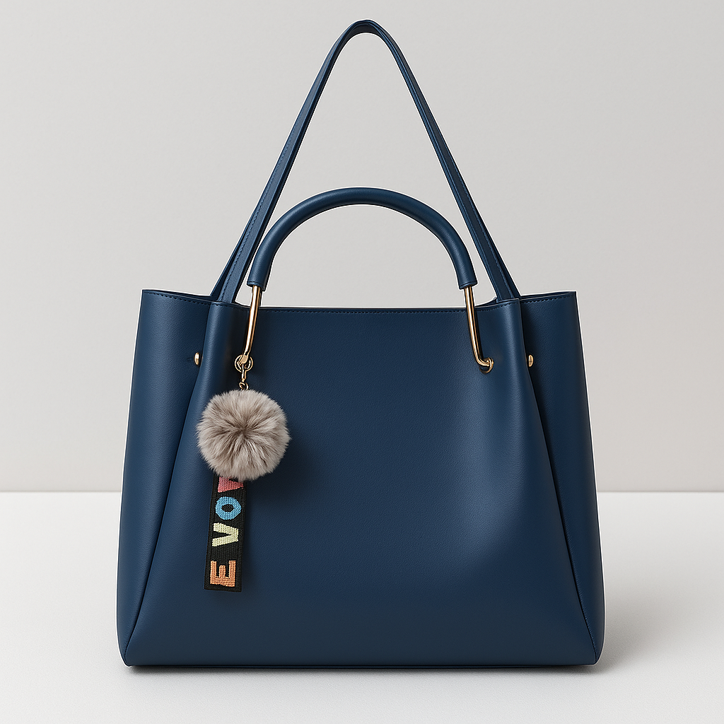Classic Navy Blue Hobo Handbag with Pom-Pom & LOVE Keychain – Premium Shoulder & Office Bag for Women