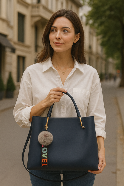 Classic Navy Blue Hobo Handbag with Pom-Pom & LOVE Keychain – Premium Shoulder & Office Bag for Women