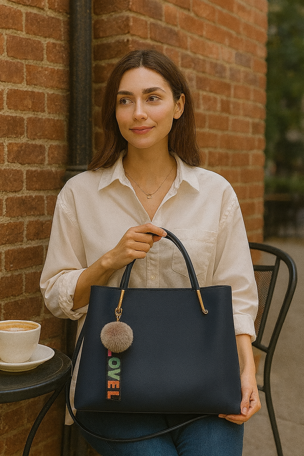 Classic Navy Blue Hobo Handbag with Pom-Pom & LOVE Keychain – Premium Shoulder & Office Bag for Women