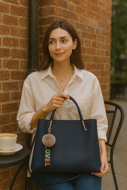 Classic Navy Blue Hobo Handbag with Pom-Pom & LOVE Keychain – Premium Shoulder & Office Bag for Women