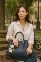 Classic Navy Blue Hobo Handbag with Teddy Bear Charm – Stylish Shoulder & Office Bag for Women