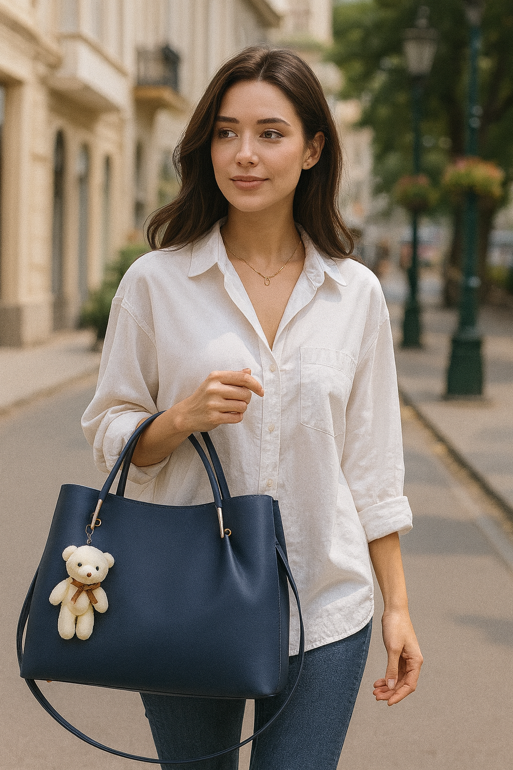 Classic Navy Blue Hobo Handbag with Teddy Bear Charm – Stylish Shoulder & Office Bag for Women