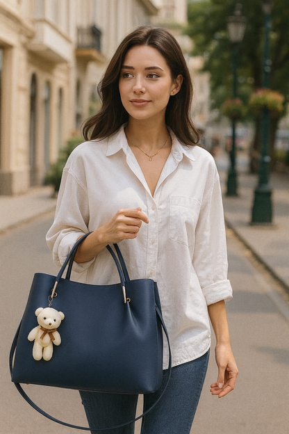 Classic Navy Blue Hobo Handbag with Teddy Bear Charm – Stylish Shoulder & Office Bag for Women