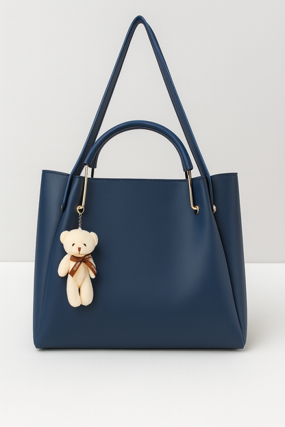 Classic Navy Blue Hobo Handbag with Teddy Bear Charm – Stylish Shoulder & Office Bag for Women