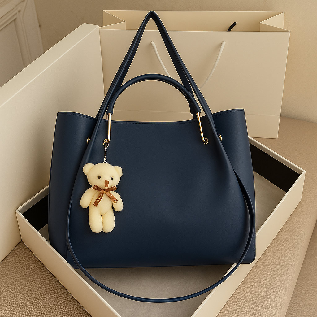 Classic Navy Blue Hobo Handbag with Teddy Bear Charm – Stylish Shoulder & Office Bag for Women
