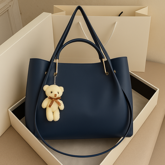 Classic Navy Blue Hobo Handbag with Teddy Bear Charm – Stylish Shoulder & Office Bag for Women