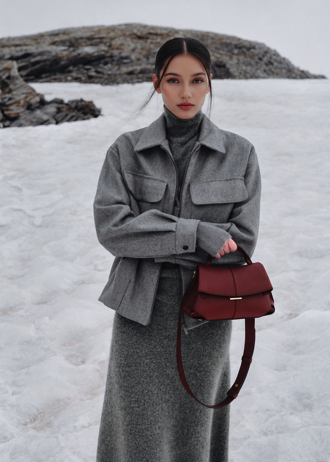 Elegant Burgundy Pebbled Leather Top-Handle Shoulder Bag with Fold-Over Flap and Gold-Tone Hardware Styled with Cozy Grey Outerwear