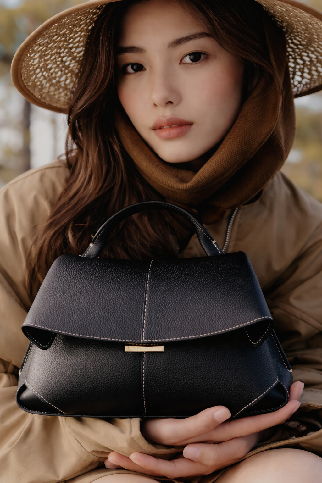 Elegant Black Pebbled Leather Top-Handle Handbag with Fold-Over Flap, Contrast Stitching, and Gold-Tone Hardware