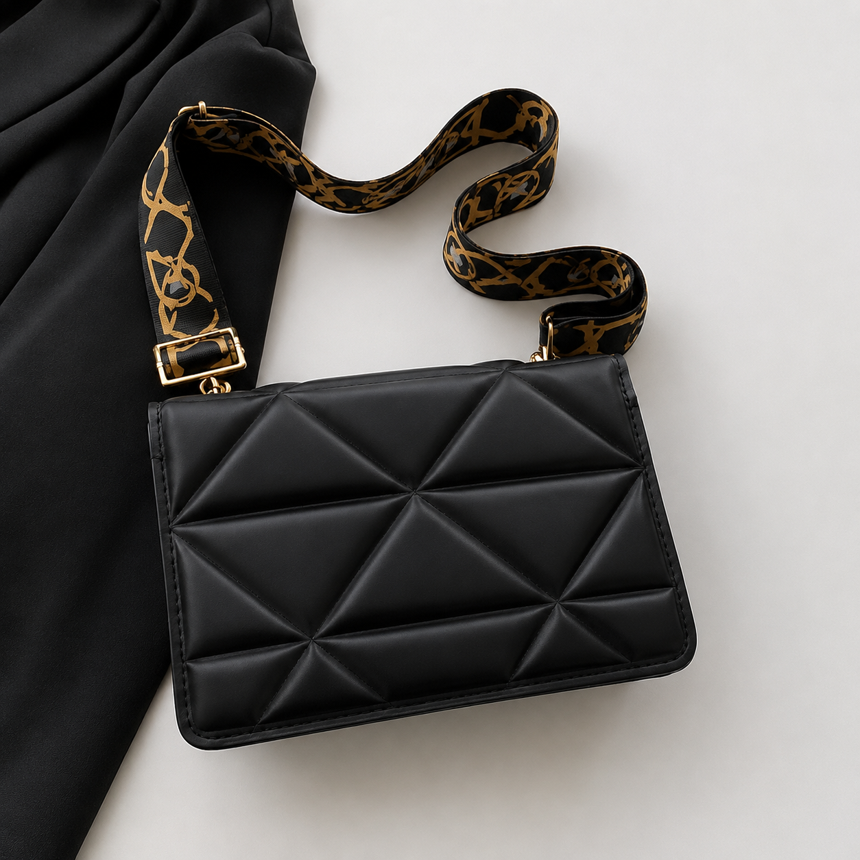 Black Quilted Diamond Flap Bag with Chain Handle & Printed Strap