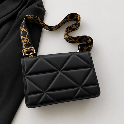 Black Quilted Diamond Flap Bag with Chain Handle & Printed Strap