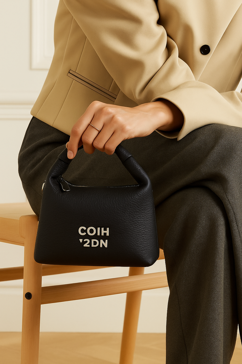 Elegant Black Soft-Texture Sling Bag with Metal Logo & Premium Charm Accent