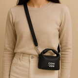 Elegant Black Soft-Texture Sling Bag with Metal Logo & Premium Charm Accent