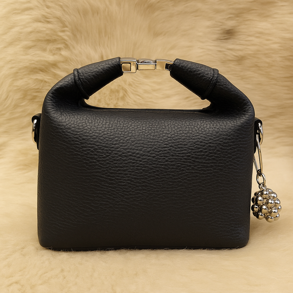 Elegant Black Soft-Texture Sling Bag with Metal Logo & Premium Charm Accent
