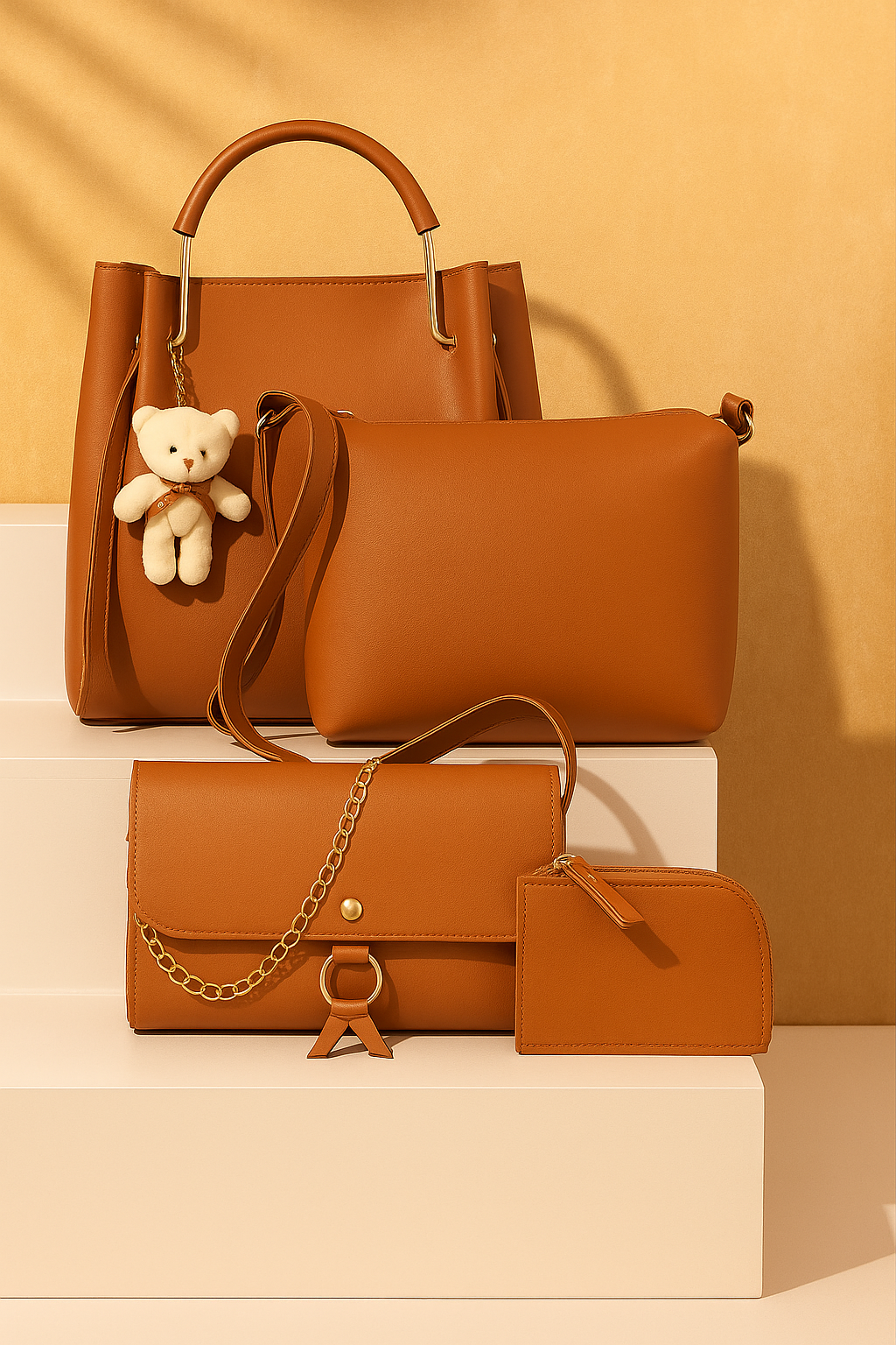 Elegant Brown Women’s Handbag Combo Set – 4 Pieces (Trendy Shoulder Bag, Sling Bag, Wallet & Mini Pouch with Teddy Keychain)