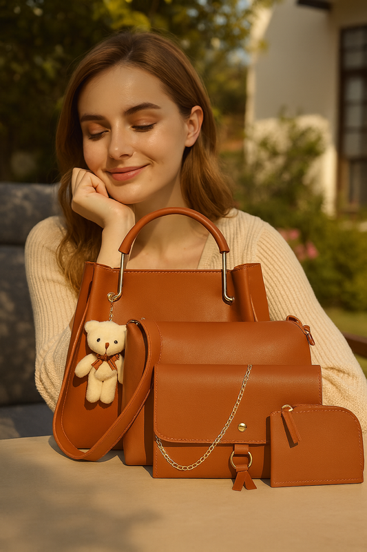 Elegant Brown Women’s Handbag Combo Set – 4 Pieces (Trendy Shoulder Bag, Sling Bag, Wallet & Mini Pouch with Teddy Keychain)