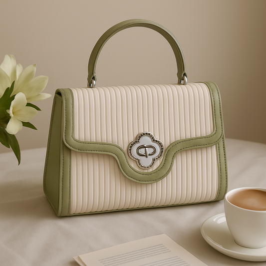 Elegant Green & Cream Textured Flap Sling Bag with Designer Metal Twist Lock