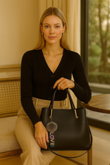 Elegant black Hobo Handbag with Pom-Pom & LOVELY Keychain – Premium Shoulder & Office Bag for Women