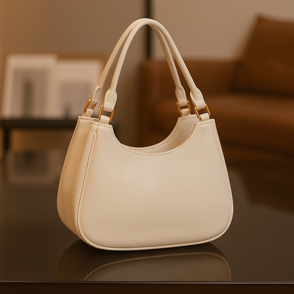 Elegant White Double-Handle Crescent Handbag with Gold Alphabet Charm Detailing