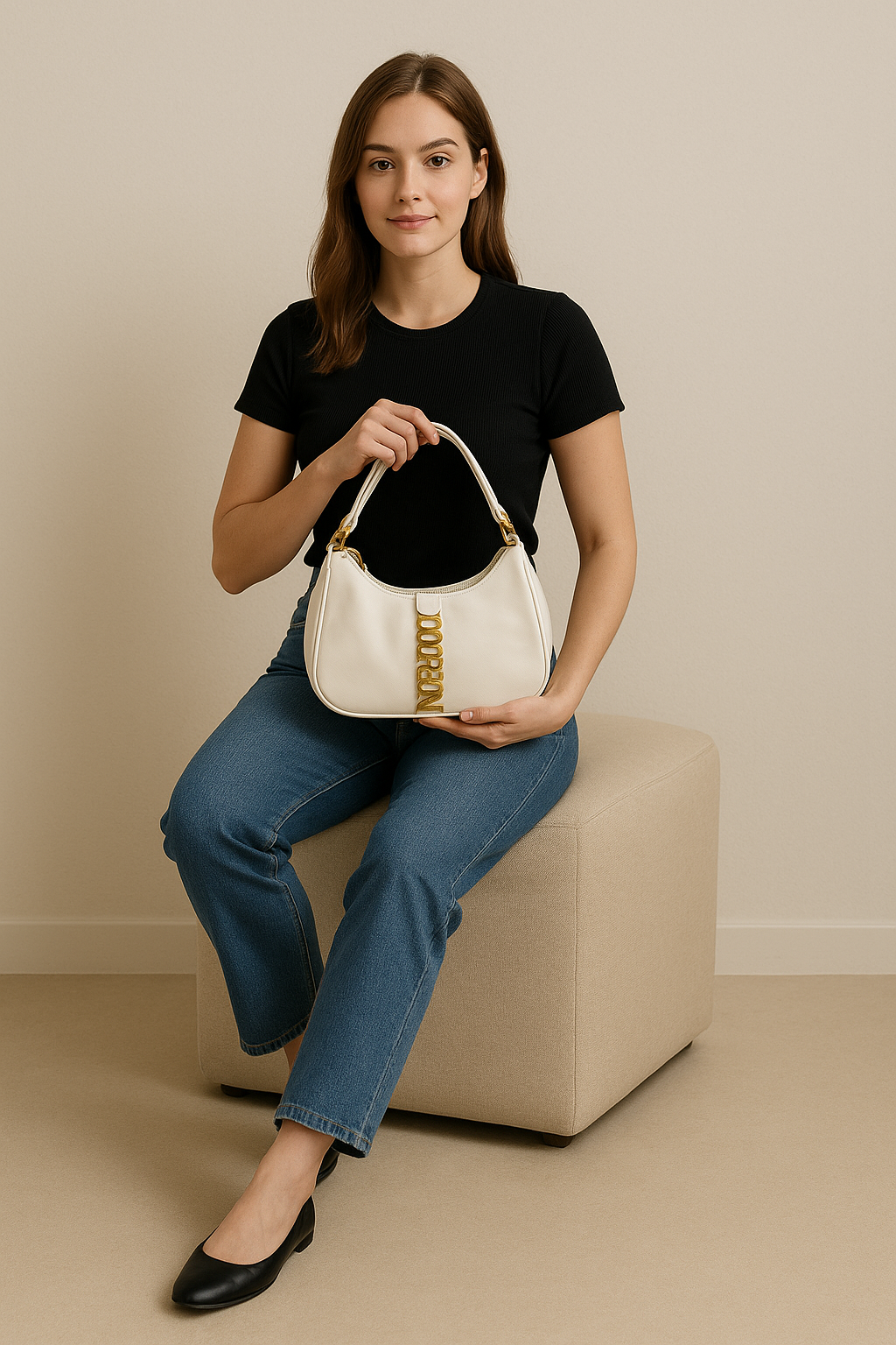 Elegant White Double-Handle Crescent Handbag with Gold Alphabet Charm Detailing