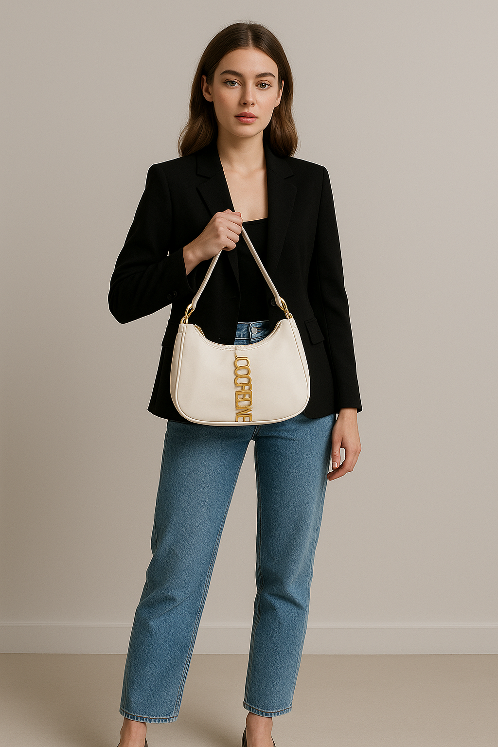 Elegant White Double-Handle Crescent Handbag with Gold Alphabet Charm Detailing