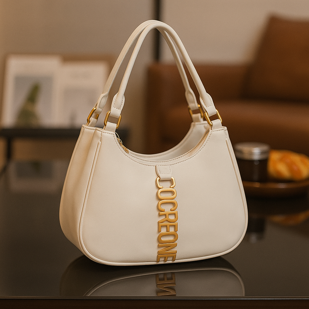 Elegant White Double-Handle Crescent Handbag with Gold Alphabet Charm Detailing
