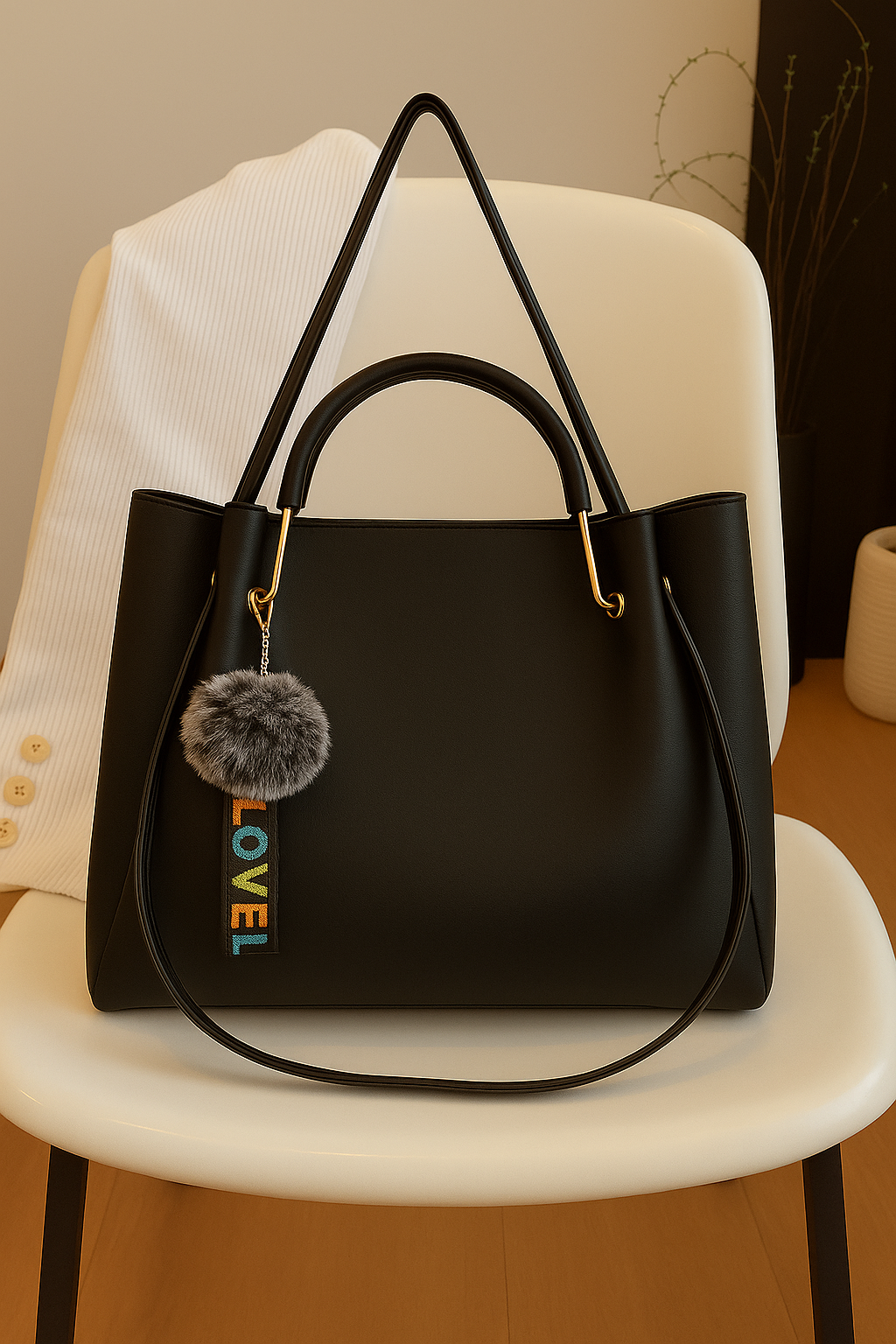Elegant black Hobo Handbag with Pom-Pom & LOVELY Keychain – Premium Shoulder & Office Bag for Women