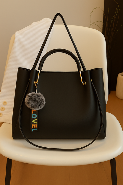 Elegant black Hobo Handbag with Pom-Pom & LOVELY Keychain – Premium Shoulder & Office Bag for Women