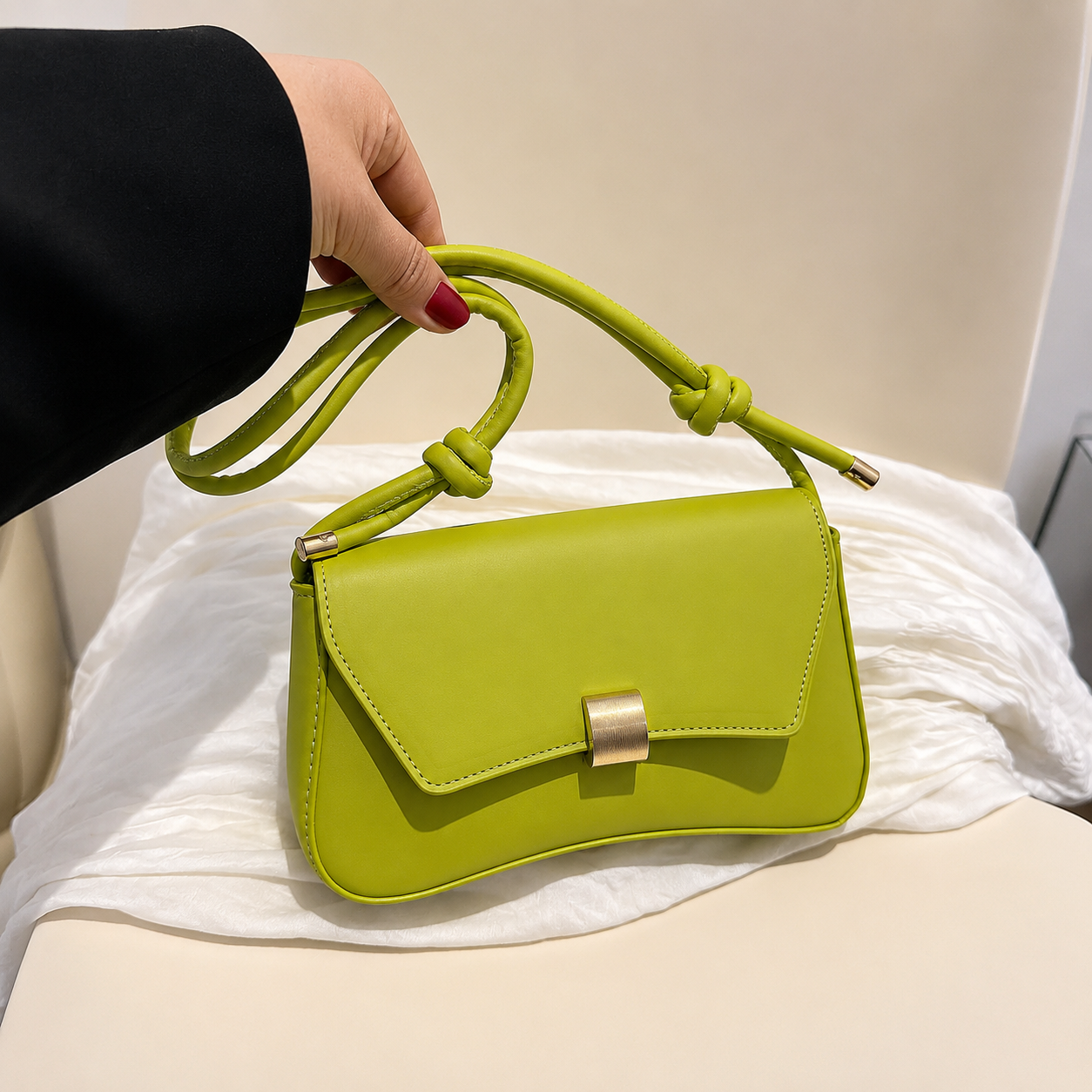 Olive Green Vegan Leather Knot Handle Hand Bag