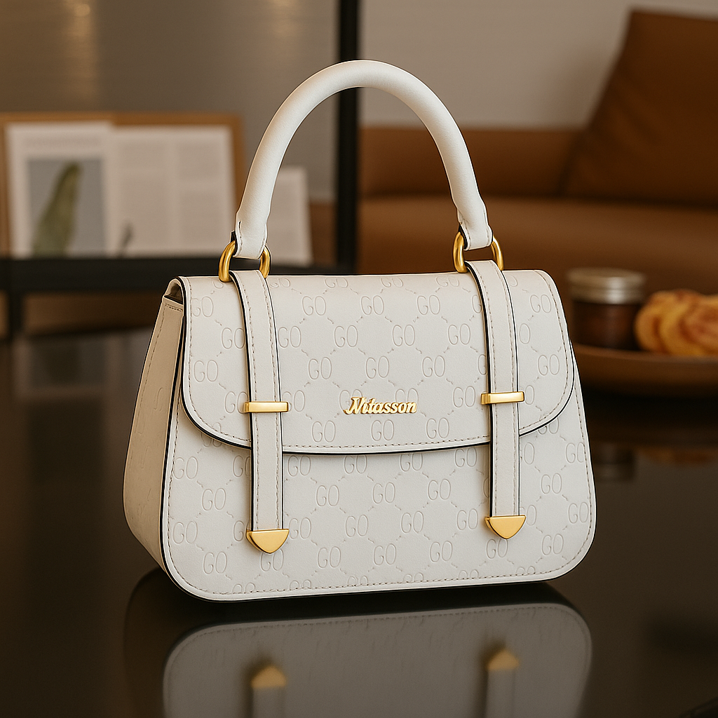 Premium White Textured Handbag with Gold Detailing