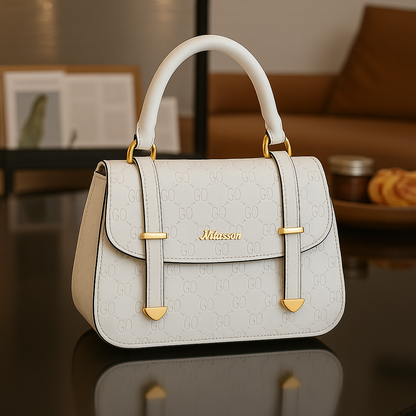 Premium White Textured Handbag with Gold Detailing
