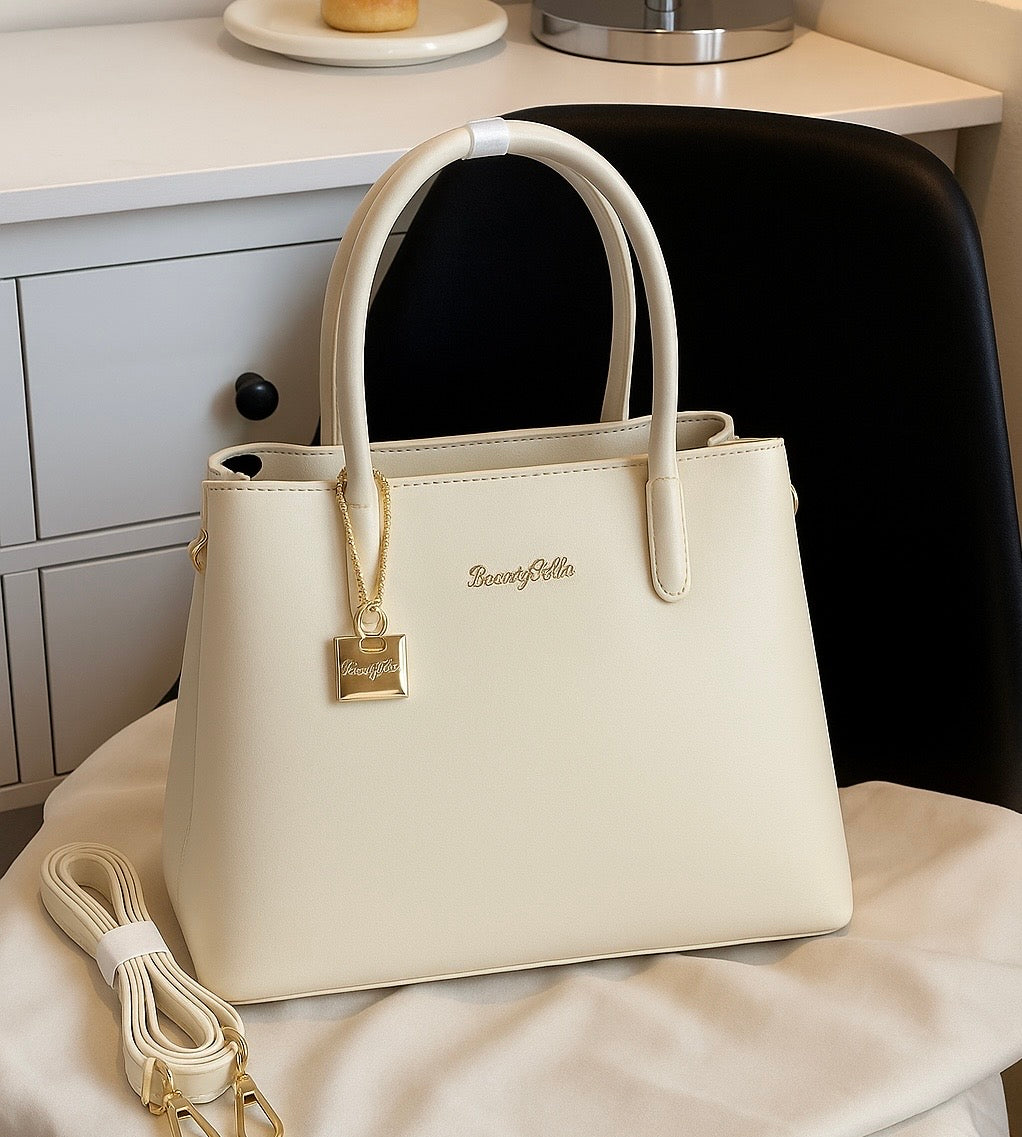 Off White Elegant Premium PU Leather Structured  Handbag with Dual Handles & Detachable Sling Strap
