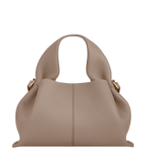 Elegant Soft-Structured Pebbled Leather Shoulder Handbag in Taupe Gray with Sculpted Silhouette, Minimalist Design, and Everyday Luxe Carryall Appeal