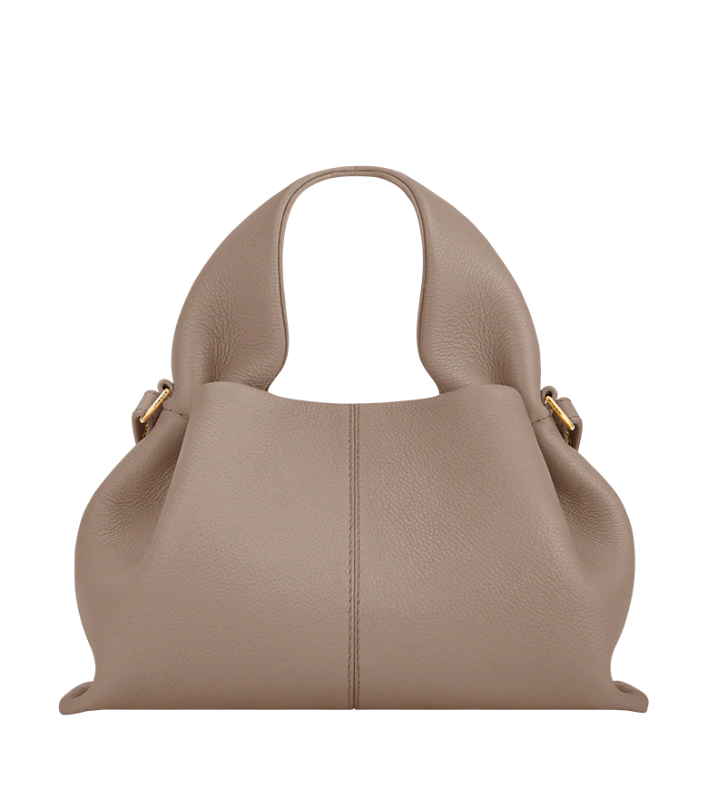 Elegant Soft-Structured Pebbled Leather Shoulder Handbag in Taupe Gray with Sculpted Silhouette, Minimalist Design, and Everyday Luxe Carryall Appeal