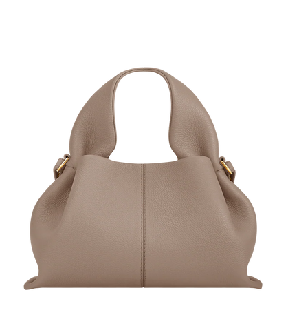 Elegant Soft-Structured Pebbled Leather Shoulder Handbag in Taupe Gray with Sculpted Silhouette, Minimalist Design, and Everyday Luxe Carryall Appeal