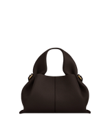 Moody Minimalist Outdoor Look Featuring Monochrome Plum Knit Layering and Tailored Trousers with Structured Espresso Brown Leather Top Handle Handbag – Sophisticated Quiet Luxury Womenswear Editorial Style