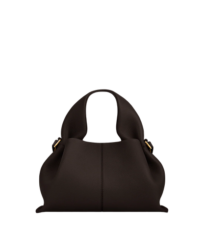 Moody Minimalist Outdoor Look Featuring Monochrome Plum Knit Layering and Tailored Trousers with Structured Espresso Brown Leather Top Handle Handbag – Sophisticated Quiet Luxury Womenswear Editorial Style