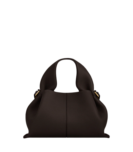 Moody Minimalist Outdoor Look Featuring Monochrome Plum Knit Layering and Tailored Trousers with Structured Espresso Brown Leather Top Handle Handbag – Sophisticated Quiet Luxury Womenswear Editorial Style