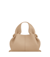 Modern Minimalist Neutral Outfit Featuring Sheer Taupe Button-Up Shirt Layered Over Ribbed Knit Bustier with Flowing Trousers and Structured Sand Beige Leather Top Handle Handbag – Elegant Contemporary Womenswear Editorial Look