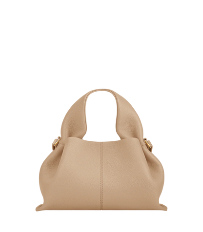 Modern Minimalist Neutral Outfit Featuring Sheer Taupe Button-Up Shirt Layered Over Ribbed Knit Bustier with Flowing Trousers and Structured Sand Beige Leather Top Handle Handbag – Elegant Contemporary Womenswear Editorial Look