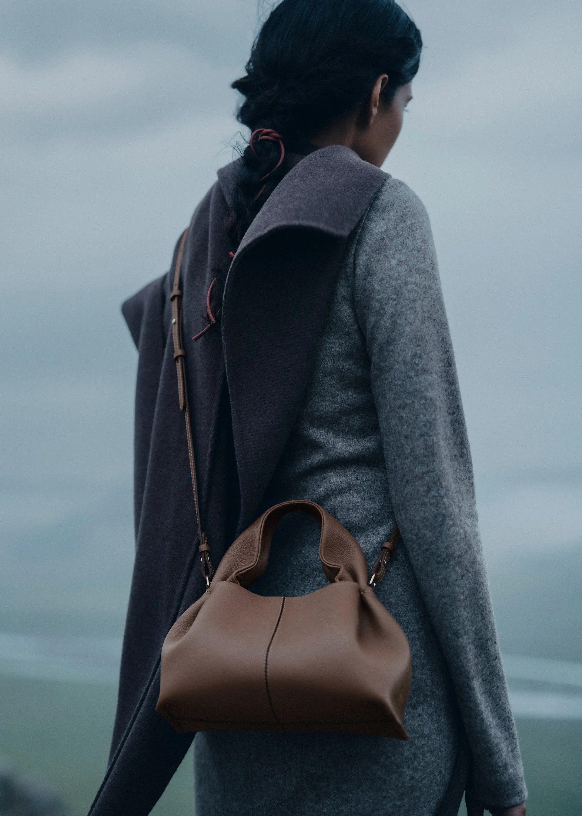 Moody Minimalist Autumn Look Featuring Charcoal Grey Knit Dress and Draped Wool Scarf with Structured Espresso Brown Leather Crossbody Handbag – Elegant Quiet Luxury Womenswear Editorial Style