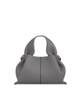 Elegant Minimalist Slate Grey Pebbled Leather Top Handle Handbag with Soft Sculptural Silhouette and Gold Hardware – Modern Quiet Luxury Designer Accessory Product Shot