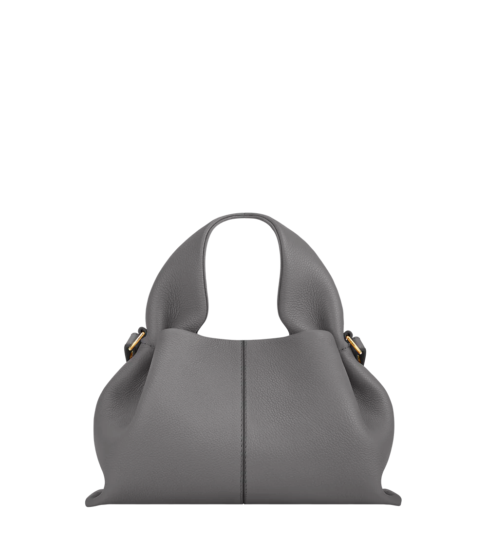 Elegant Minimalist Slate Grey Pebbled Leather Top Handle Handbag with Soft Sculptural Silhouette and Gold Hardware – Modern Quiet Luxury Designer Accessory Product Shot