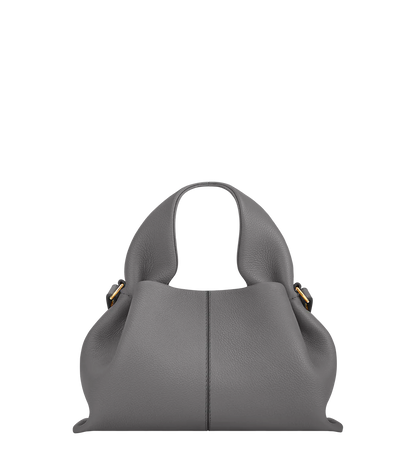 Elegant Minimalist Slate Grey Pebbled Leather Top Handle Handbag with Soft Sculptural Silhouette and Gold Hardware – Modern Quiet Luxury Designer Accessory Product Shot