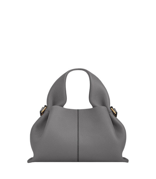 Elegant Minimalist Slate Grey Pebbled Leather Top Handle Handbag with Soft Sculptural Silhouette and Gold Hardware – Modern Quiet Luxury Designer Accessory Product Shot
