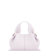 Modern Minimalist Editorial Look Featuring Draped Sage Grey Tailoring with Structured Soft Lilac Leather Crossbody Top Handle Handbag – Elegant Quiet Luxury Womenswear Fashion Style